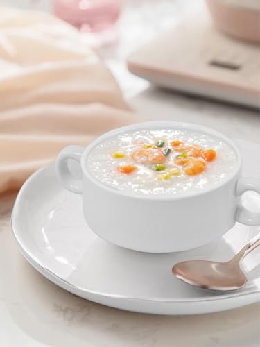 French Onion Soup Bowls with Handles, 12-Ounce Stackable Soup Crocks, Ceramic Soup Bowls Dishwasher, Oven, Microwave Safe, Large Ramekins Bowls Set of 4 (Moon White) - color: Moon White