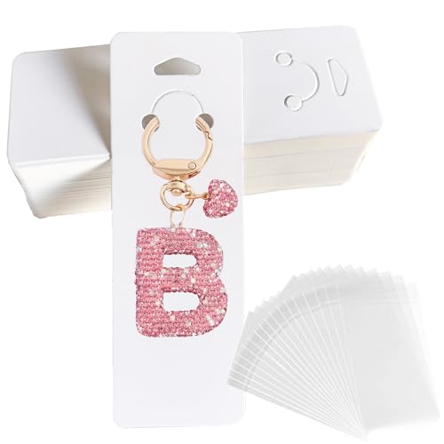 100 Set Keychain Display Cards with Bags,Jewelry Packaging Blank Hanging Cards for Selling - color: White 5.9"x2"