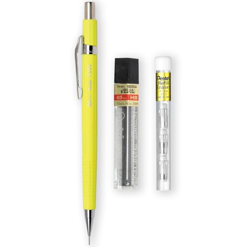 Pentel P205-97C Mechanical Automatic Pencil - Fluorescent Range - Single + 12 Hi-Polymer HB 0.5mm Refill Leads + Z2-1N Eraser Refills Tube of 4 (Fluorescent Yellow) - color: Fluorescent Yellow
