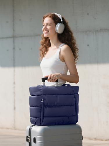 Bagstellar Puffer Tote Bag for Women, Lightweight Puffy Travel Gym Work Bag - color: Navy Blue