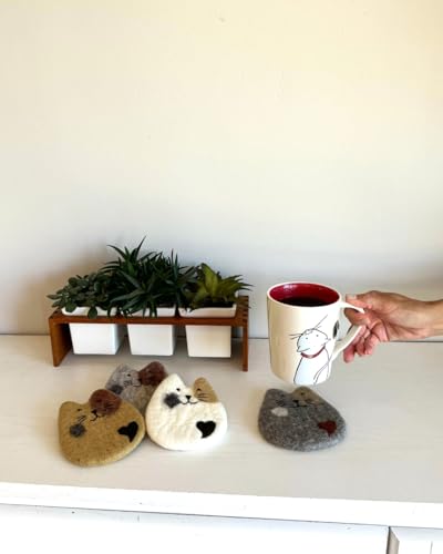 Humble Hilo Handmade Animal Felt Coaster Set of 4, Absorbent Coaster for Animal Lover (Cats) - color: Cats