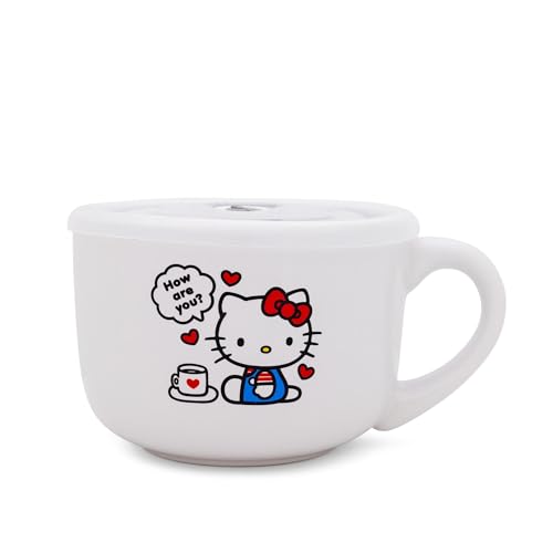 Silver Buffalo Sanrio Hello Kitty How Are You? Ceramic Soup Mug Bowl With Vented Lid and Handle For Ice Cream, Cereal, Beverages | Holds 24 Ounces - color: How Are You