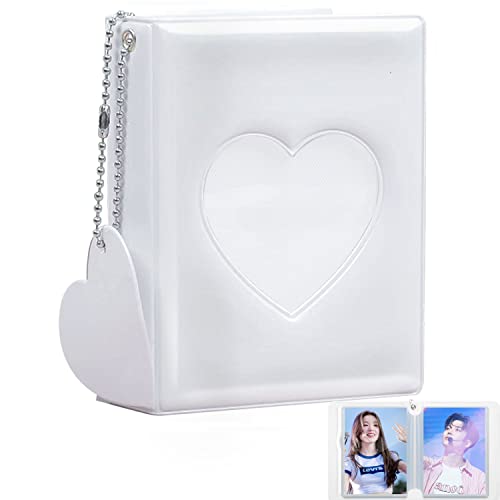 3 Inch Kpop Photocard Holder Book, Mini Photo Kpop Album Kpop Photocard Binder, Love Heart Hollow Kpop Photocard Binder Collector Book 32 Pockets Portable Photo Card Holder with Love Heart Pendant - color: White