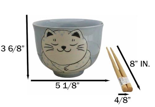 Ebros Gift Artistic Donburi Ramen Udon Noodles Soup Salad 5" D 18Oz Bowl With Bamboo Chopsticks And Built In Rest Set Asian Dining Kitchen Accent (Blue Chubby Kitty Cat) - color: Blue Chubby Kitty Cat