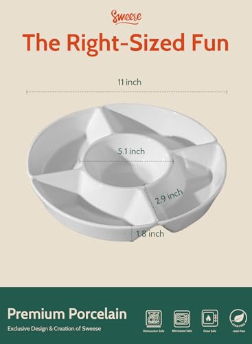 Sweese Porcelain Chip & Dip Serving Set - Divided Platter with 5 Compartments, Relish Tray for Snacks, Veggies, Candy - Durable, Microwave & Dishwasher Friendly - Elegant White Design for Parties