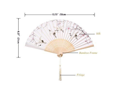 QIRMIZI 10 Pieces Handheld Fans, Silk Folding Fans, Floral Folding Fans for Birthday,Dancing, Cosplay, Weddings, Parties, and Events,Qianhe Silver Needle - color: 03 Red-crowned Crane