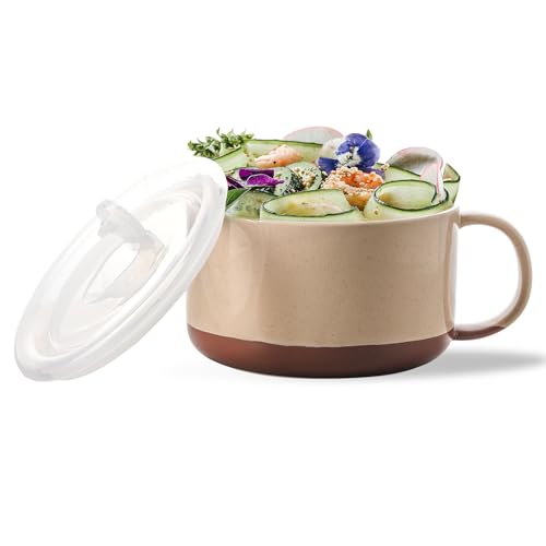 Jumbo Ceramic Soup Bowl with Lid, Microwave Safe - Beige - color: Beige, size: Set of 1