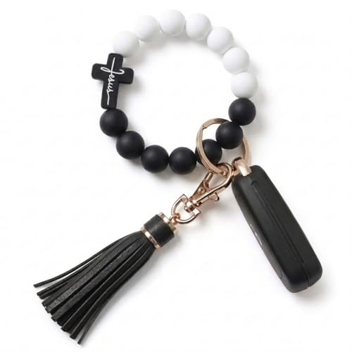 BIHRTC Key Ring Bracelet Car Keychain Holder Wristlet Silicone Women Beaded Bangle Chains - color: Cross