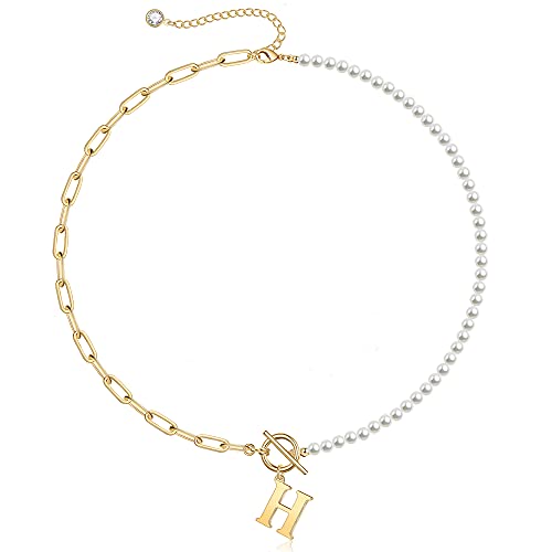 Yoosteel Pearl Initial Necklace for Women, Dainty Pearl Chain Choker Initial Necklaces for Women Toggle Clasp Paperclip Link Chain Necklace Jewelry Gifts - color: Gold, style: H