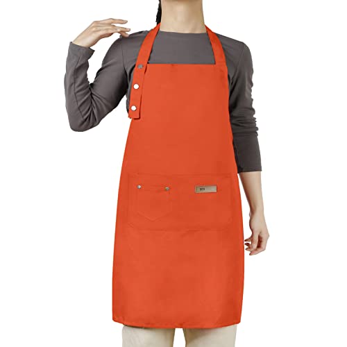Hongsome Adjustable Button Apron for Women Men Artist Painting Pottery Garden Cooking Kitchen Chef 3 Pockets Waterproof M-XXL - color: Orange