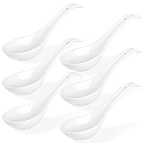 White Ceramic Soup Spoons Set of 6 - 6.75 Inch Chinese Ramen Spoons for Pho, Cereal, Noodles, Stews, Wonton, Dumpling, Miso - Deep Oval Hook Design, Dishwasher Safe - size: 6.75 inch - White