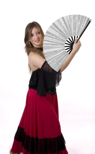2 Pack Glitter Large Folding Hand Fans for Line Dancing, Popping Fan Large Rave Hand Fan for Boots On The Ground Dance, Concert, Party, Festival, Home Decorations(Silver) - color: 2 Silver