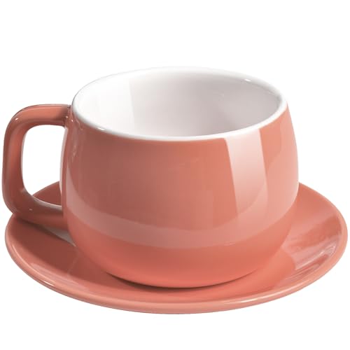 ionEgg Porcelain Coffee Cup with Saucer 270ml/9oz, Minimalist Design, Perfect for Latte, Cappuccino, and Tea, Pink - color: Pink