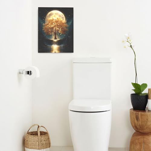 Golden Tree Wall Art Fantasy Tree with Moon and Waterfall Canvas Wall Decor Pictures Paintings Prints Mystical Nature Artwork Framed De corations For Meditation Space Bathroom Bedroom Living Room Office Gifts 16" x 20" - color: Golden Tree, size: 20"L x 1