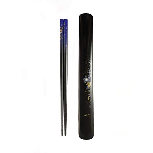 JapanBargain 3642, Japanese Portable Bamboo Chopsticks with Case for Travel, Yuzen Pattern Blue Floral Print, Made in Japan - color: Yuzen Blue