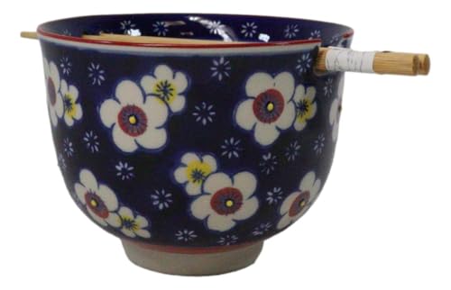 Ebros Gift Artistic Donburi Ramen Udon Noodles Soup Salad 5" D 18Oz Bowl With Bamboo Chopsticks And Built In Rest Set Asian Dining Kitchen Accent (Blue Midnight Ume Plum Blossoms) - color: Blue Midnight Ume Plum Blossoms