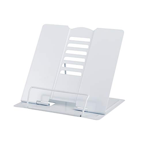 Blizzow Desk Book Stand Holder - Hands Free, Adjustable Metal Stand, Lightweight Foldable Portable - Cookbook, Recipe, Tablet, Music, Documents (White)