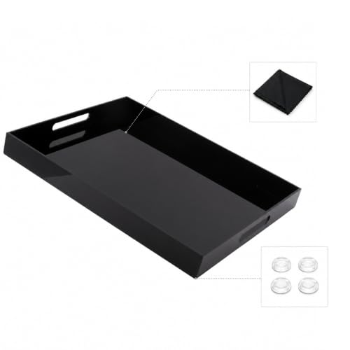 Black Tray 15x10” with Cut Handles - Large Plastic Tray for Ottoman Coffee Table, Kitchen, Office & Serving Guests - Modern Countertop Organizer & Ideal Decorative Tray - color: Black, size: 15" x 10" x 2"