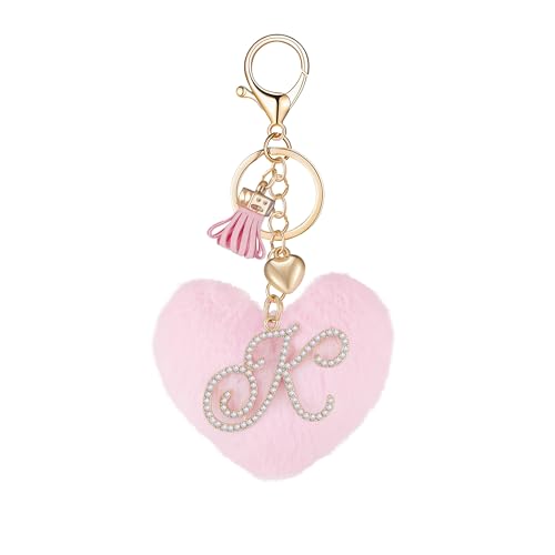 Initial Letter Heart Pom Pom Keychain for Women Pink Soft Fluffy Ball Key Ring for Purse Backpack Handbag - color: K
