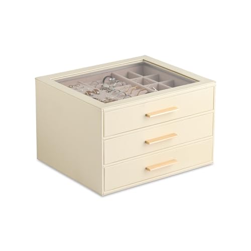 Frebeauty Jewelry Box for Women,Clear Lid Jewelry Organizer with 3 Drawers - color: Beige, size: 3 Drawer