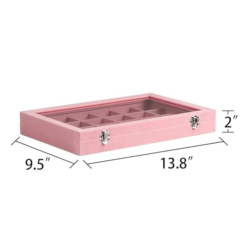 Frebeauty 24 Grid Earring Organizer,Velvet Jewelry Tray with Clear Lid - color: Pink, size: 24 Grid