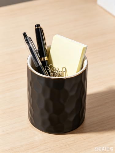 Ceramic Pen Holder Stand Cup Pencil Holder Organizer Makeup Brush Holders for Home Office Desk (Black) - color: Black