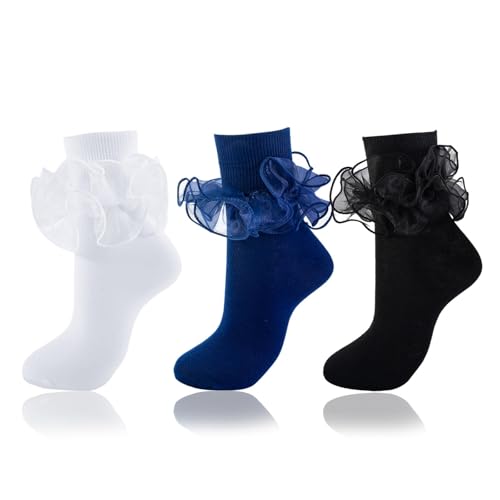Big Ruffle Socks Women(Size 5-11) Turn Cuff Cotton Lace Frilly Socks - color: White,blue,black - 3 Pairs, size: 5-9