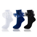 Big Ruffle Socks Women(Size 5-11) Turn Cuff Cotton Lace Frilly Socks - color: White,blue,black - 3 Pairs, size: 5-9