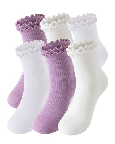 DQCUTE Women's Ruffled Ankle Cotton Crew Socks, 6 Pairs - color: Purple Series (6 Pairs)