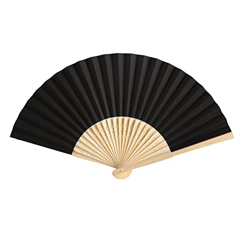 50pcs Paper Hand Fan with Organza Bags Bamboo Handheld Folding Fan DIY Decorative Wedding Party Favors (Black) - color: Black