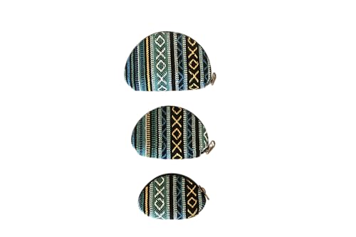 Set of 3 Handmade Boho Coin Purses – Cotton & Hemp Zip Pouches (Made in Kathmandu) | Small Travel Wallets for Coins, Keys & Cards | Ethnic Pattern Mini Bags (Blue) - color: Blue