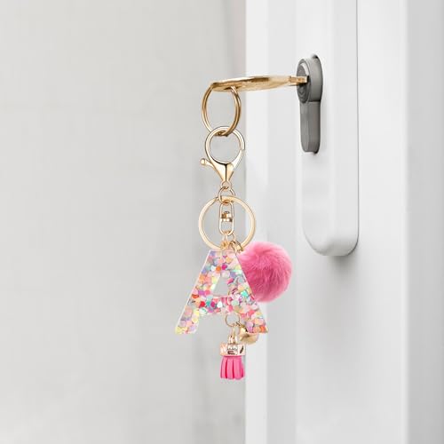 Resin Alphabet Initial Letter Keychain Keyring for Women Purse Handbags With Fur Ball Pom - color: Deep Pink Fur Ball Letter a