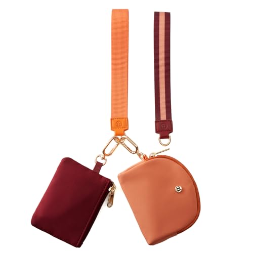 Mini Dual Pouch Wristlet Wallet for Women – Zip Around wristlet Keychain Wallet with 2 Wristlets, Ideal for Dog Walking, Coffee Runs & Lunch Break Essentials (Ruby +Orange) - color: Ruby+Orange