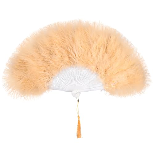 whitefeather Vintage Feather Hand Fan, 17.7 x 11.8 inches, Marabou Feathers, 1920s Style for Costume Parties, Tea Parties - color: Champagne
