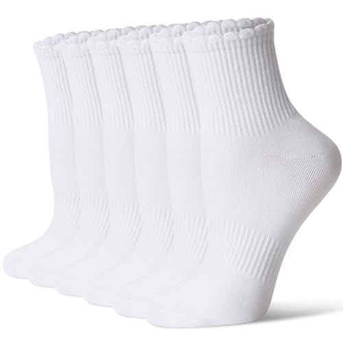 CS CELERSPORT Women's Mini Crew Ankle Socks with Scalloped Top,Pack of 6 - color: White, size: Small