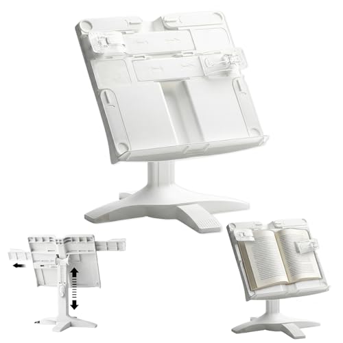 Adjustable Book Stand Holder, Rotating Hands-Free Reading Stand with Clips