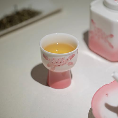 KAMMAK Tea Cup, 2oz Small Tea Cups, Porcelain Tea Cups Set with Short Stem, Cute Ceramic Teacups for Home, Party, Office, Chinese Kungfu Tea Set for Hot/Cold Drink (Pink Pile Flowe) - style: 714N Pink Flower