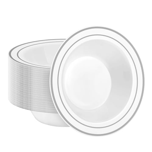 BESTSTAR 50 Pack Disposable Soup Bowls with Silver Rim - color: Silver, size: 50 pack