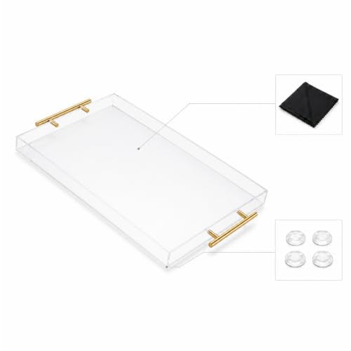 Clear Acrylic Tray 20x16” with Golden Metal Handles - Large Plastic Tray for Serving Guests, Countertop Organization, Ottoman Coffee Table & Vanity – Modern Decorative Tray for Home & Office - color: Golden Handles - Transparent, size: 20" x 16" x 2"