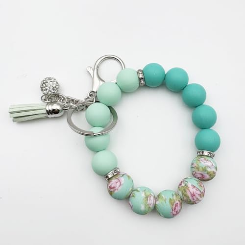 Unpafcxddyig Silicone Bead Keychain Bracelet Wristlet Key Ring - color: Rainbow Lake Blue