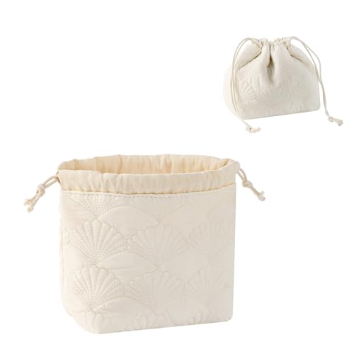 RSRSLEII Quilted Cotton Seashell Drawstring Makeup Bag, Toiletry Bag, White - color: Drawstring White