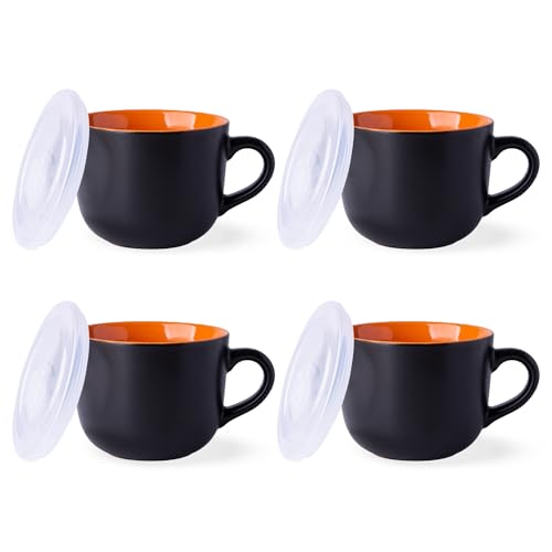 GBhome Ceramic Soup Mugs with Lid, 24 oz Soup Cups with Hanlde for Coffee,Cereal,Salad,Noodles,Tea,Soup Bowls Cups,Microwave &Dishwasher Safe, Set of 4, Orange with Vented lid - color: Orange