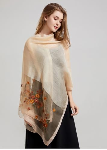 Jeelow Long Silk Blend Embroidered Floral Shawl Scarf Wrap for Women - color: Soft Beige