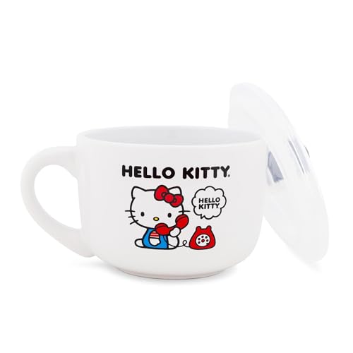 Silver Buffalo Sanrio Hello Kitty How Are You? Ceramic Soup Mug Bowl With Vented Lid and Handle For Ice Cream, Cereal, Beverages | Holds 24 Ounces - color: How Are You