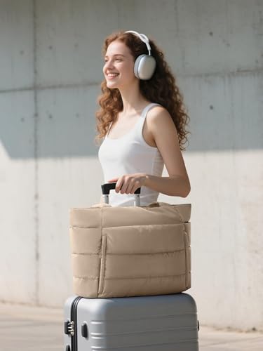 Bagstellar Puffer Tote Bag for Women, Lightweight Puffy Travel Gym Work Bag - color: Camel