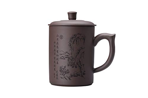 I-MART Chinese Tea Cup Purple Clay Mug with Lid 16 oz Yixing Style Kung Fu Teacup for Loose Leaf Tea Coffee Daily Use with Ergonomic Handle and Traditional Design