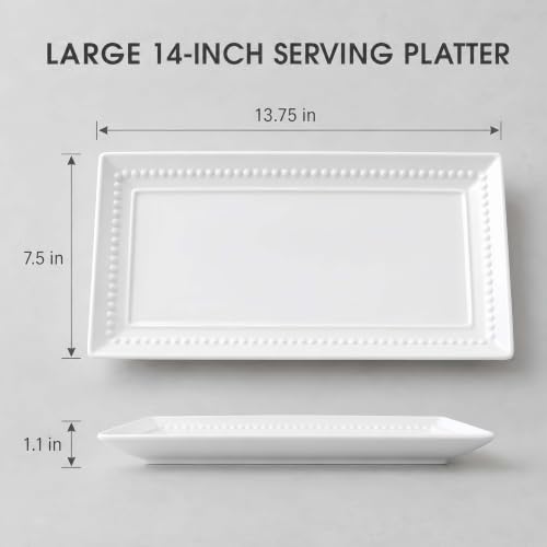 14 inch Ceramic Serving Platter - Rectangular Serving Trays Set of 4, Large Embossed Plates, Porcelain White Platters for Steak, Appetizer, Dessert, Tacos, Housewarming, Oven Dishwasher Safe - color: White 3