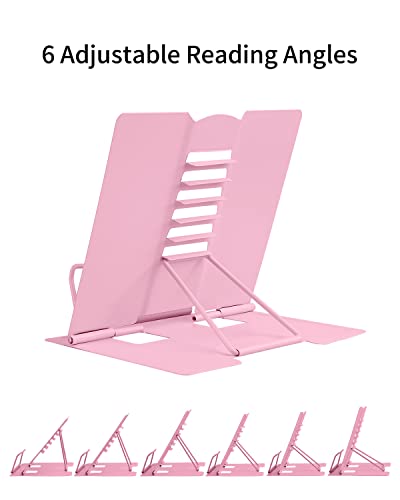 MSDADA Desk Book Stand Metal Reading Rest Book Holder Adjustable Cookbook Documents Holder Portable Sturdy Bookstands for Recipes Textbooks Tablet Music Books with Page Clips (Light Pink) - color: Light Pink
