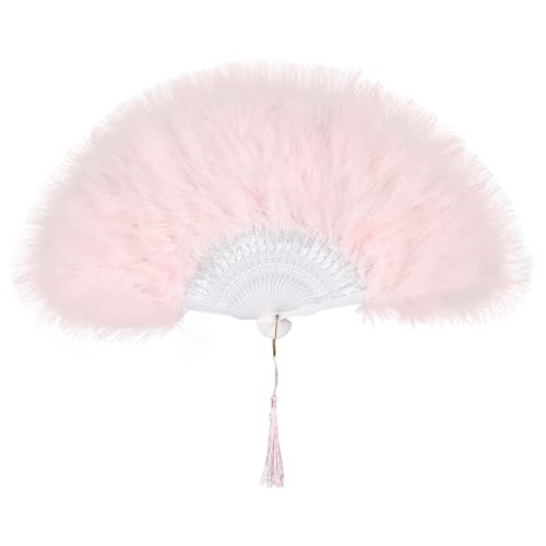 whitefeather Vintage Feather Hand Fan, 17.7 x 11.8 inches, Marabou Feathers, 1920s Style for Costume Parties, Tea Parties - color: Light Pink