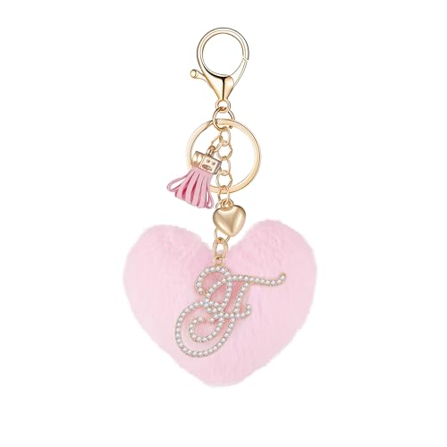 Initial Letter Heart Pom Pom Keychain for Women Pink Soft Fluffy Ball Key Ring for Purse Backpack Handbag - color: F